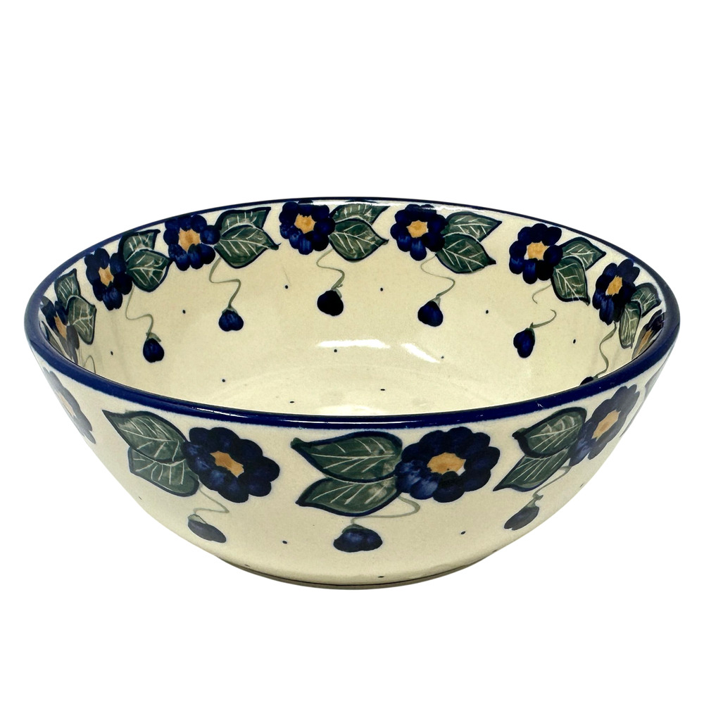 Boleslawiec Polish Pottery Bowl Unikat Hand Painted Blue Floral Serving 7-3/4"
